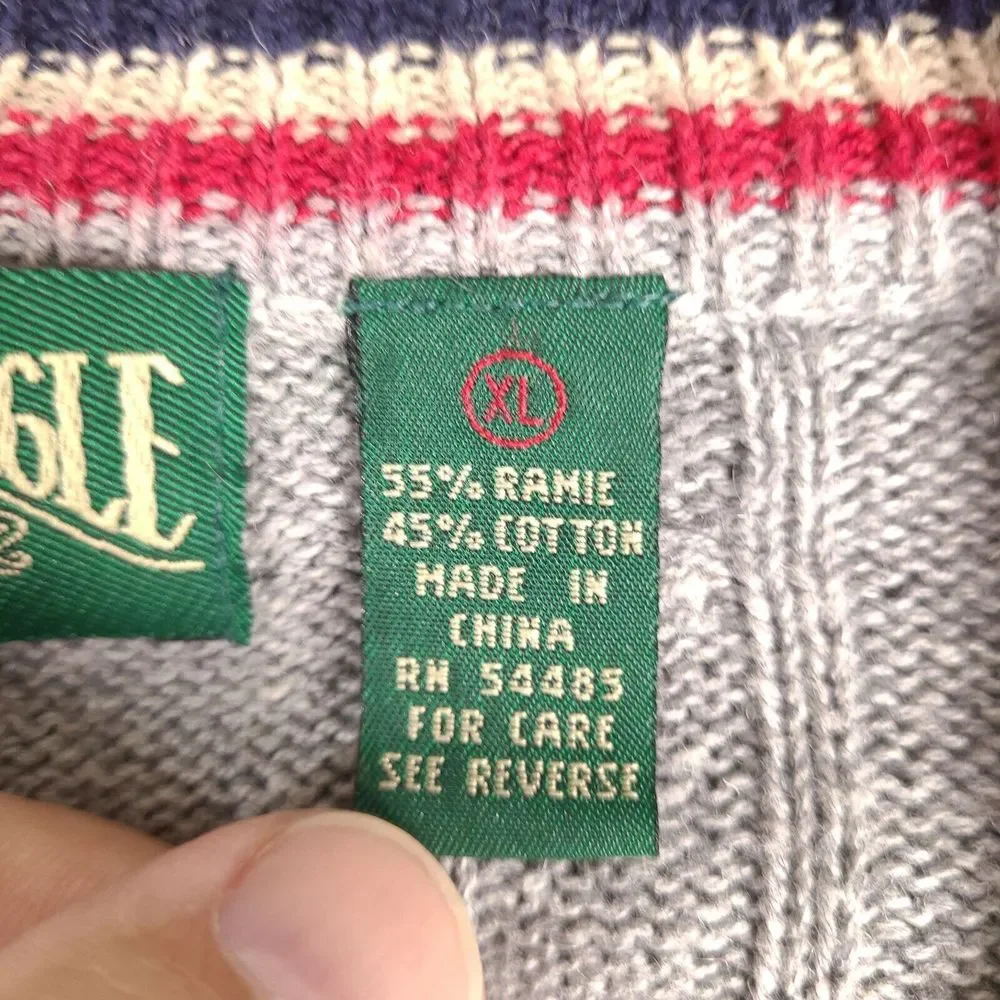Vintage American Eagle Sweater Mens XL Gray Cable Knit V-Neck‎ Pullover Preppy